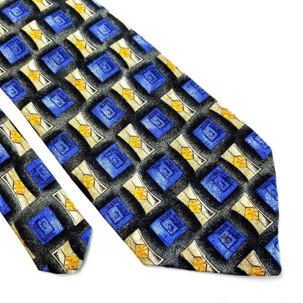 Robert Talbott Yellow Tan‎ Blue Abstract Print Geometric Wide Silk Tie
